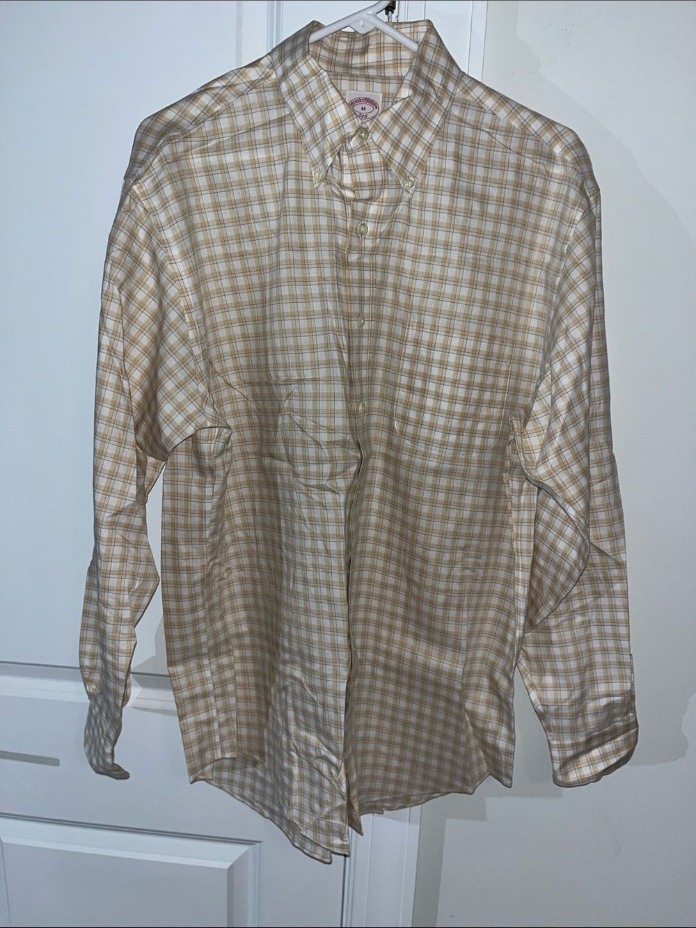 Brooks Brothers Taupe White Blue Check Plaid Non Iron Original business shirt M